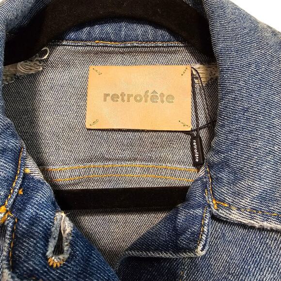 Retrofete Ada Puff Sleeve Pad Shoulder Denim Jean Jacket Small Worn Vintage Blue - Picture 6 of 13